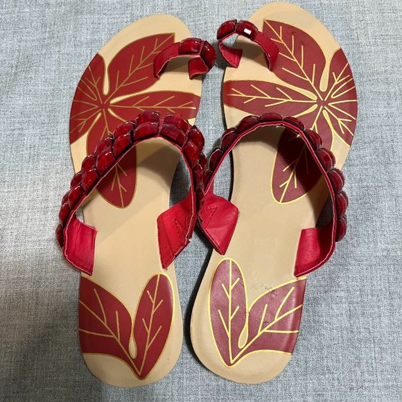 Ladies Flat Sandals Red and Tan Bedazzled Size 8 - Picture 1 of 9